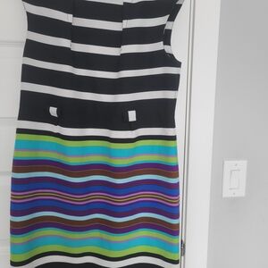 Emma & Michele Sleeveless Midi Dress in Black with Multicolor Stripes